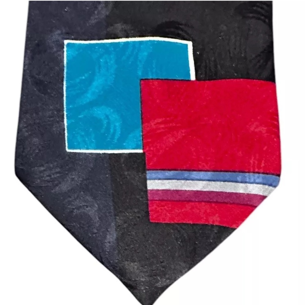 Vintage Wembley Polyester Tie Abstract Geometric Blocks Red Blue Black 80s USA